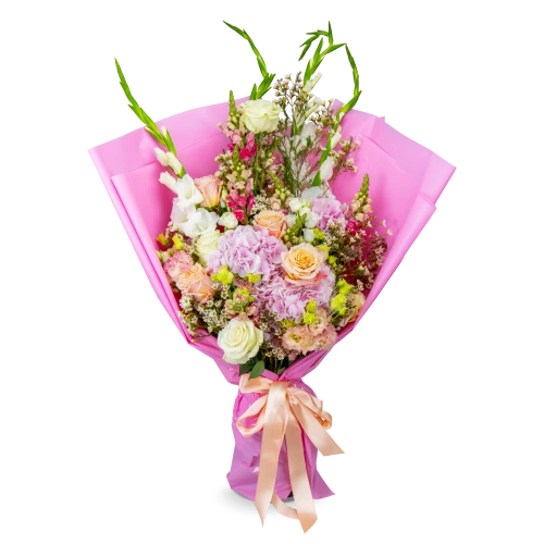kytice hortenzií, růží a gladiol